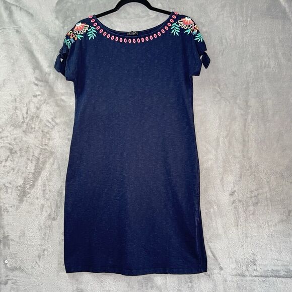 Talbot Embroidered Shift Dress Nantucket Slub Cotton Navy Sz MP Business Casual - Picture 1 of 12